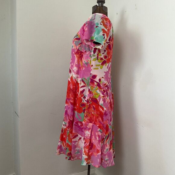 Eliza J Pink and Orange Floral Water Color Short Sleeve Shift Dress Size 6 - Picture 7 of 12